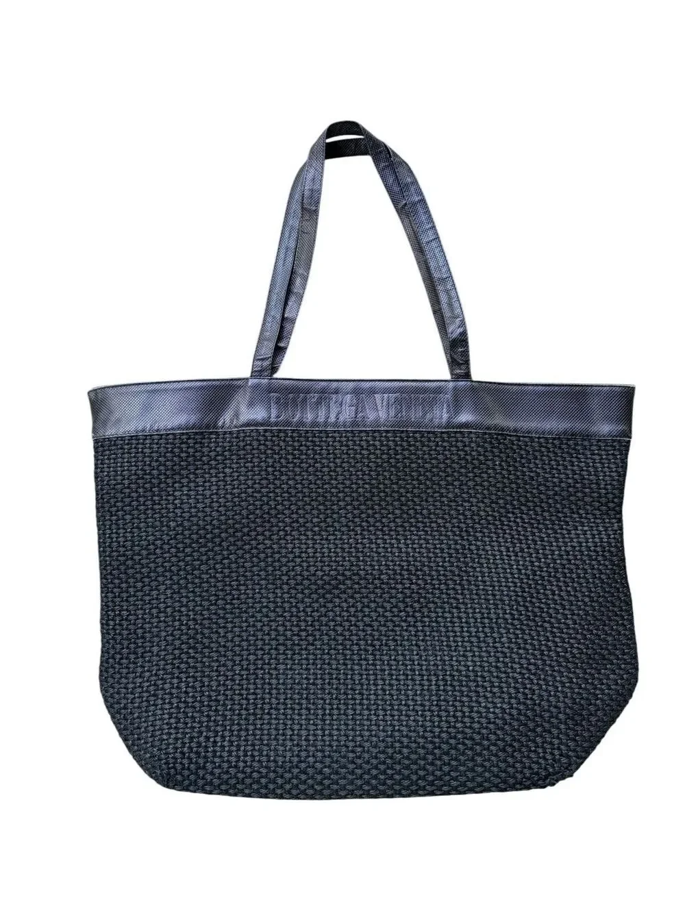 Bottega Venata Authentic Large Intrecciato Leather & Wool Raffia Nero Tote Bag